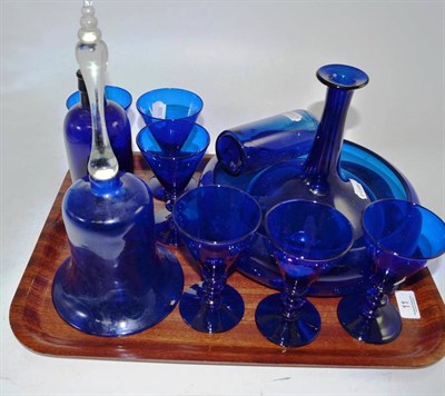 Lot 11 - A quantity of blue glass, including bell, decanter, bottles and drinking glasses etc