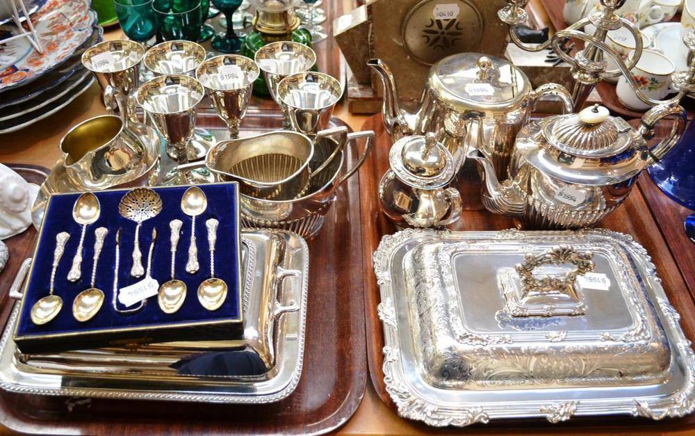 Lot 12 - Collection of plated items and set of silver spoons (on two trays)