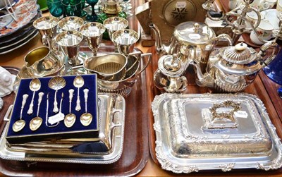 Lot 12 - Collection of plated items and set of silver spoons (on two trays)