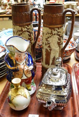 Lot 25 - A Royal Worcester hand-painted vase, a Staffordshire 'Snuff Taker' Toby jug , two German jugs and a