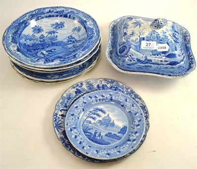 Lot 27 - Spode blue and white including soup plate 'Chase After Wolf', bear hunting plate, plate with...