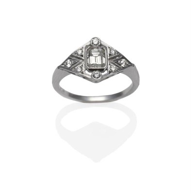 Lot 359 - An Art Deco Style Diamond Ring, an emerald-cut diamond within a pierced frame inset with round...