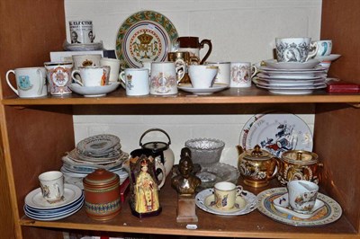 Lot 66 - A shelf including commemorative ceramics, Burleigh ware jug, commemorative gold plated sterling...