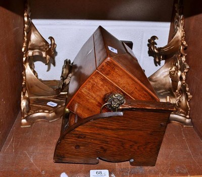 Lot 68 - A mahogany sarcophagus tea caddy, an oak book rack and a pair of gilt composition wall brackets