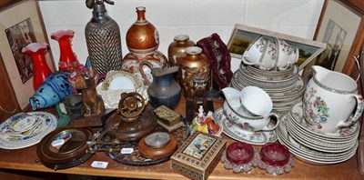 Lot 69 - Shelf including glass fish, pair of red glass vases, soda siphon, Indian Tree pottery, Japanese...