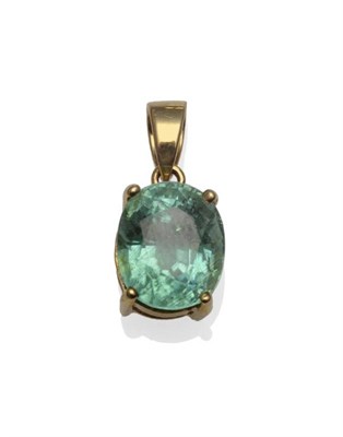 Lot 360 - An 18 Carat Gold Paraiba Tourmaline Pendant, the oval mixed cut tourmaline in a yellow four...