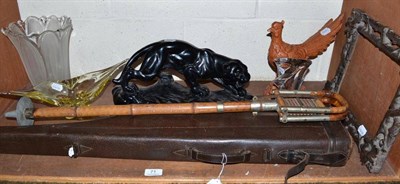 Lot 71 - Gun case, shooting stick, carved photo frame, terracotta pheasant, plaster tiger, three glass vases