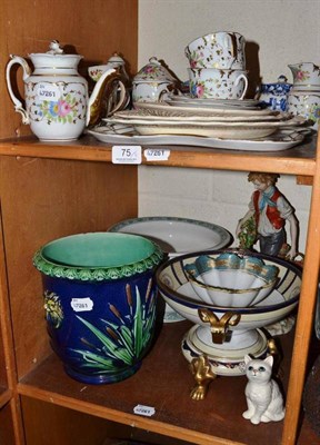 Lot 75 - Two shelves of decorative ceramics including Majolica jardinere, Paris porcelain tete-a-tete...