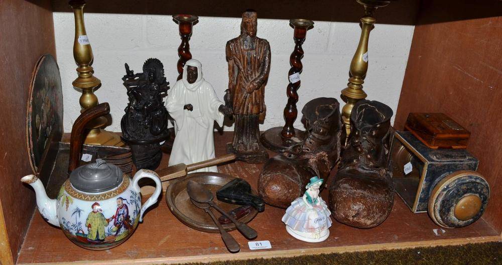Lot 81 - Two pottery figures, teapot, quantity of treen, pair of grape shoes, lantern etc