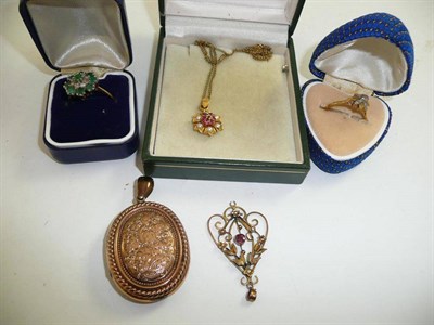 Lot 96 - A floral ring, green stone diamond ring, a floral pendant, a brooch and an Art Nouveau pendant...