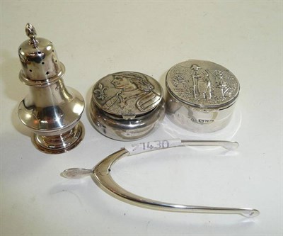 Lot 97 - A silver pillbox with gardening scene (Chester hallmark), a silver pepperette, silver wishbone...