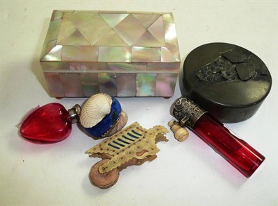 Lot 116 - Mother of pearl box, two pin cushions, Stanhope viewer, two scent bottles and pewter pin dish