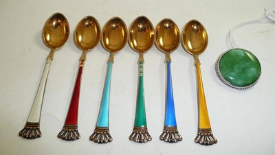 Lot 118 - A Charles Horner Ruskin brooch and six coffee spoons with Danish enamel