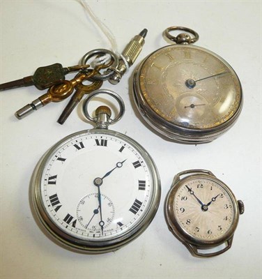 Lot 120 - Two silver cased pocket watches and a wrist watch (lacking strap)