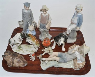 Lot 132 - Four Lladro figures, a Poole pottery bird, Sylvac dog etc (on a tray)