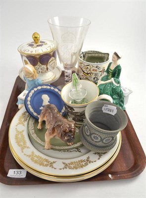 Lot 133 - A tray of ceramics including two Royal Doulton figures, Doulton dog, commemorative wares,...