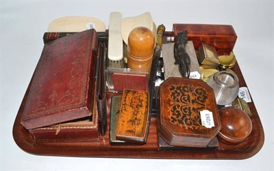 Lot 146 - A quantity of collectables including stamp boxes, ivory backed brushes, leather boxes,...