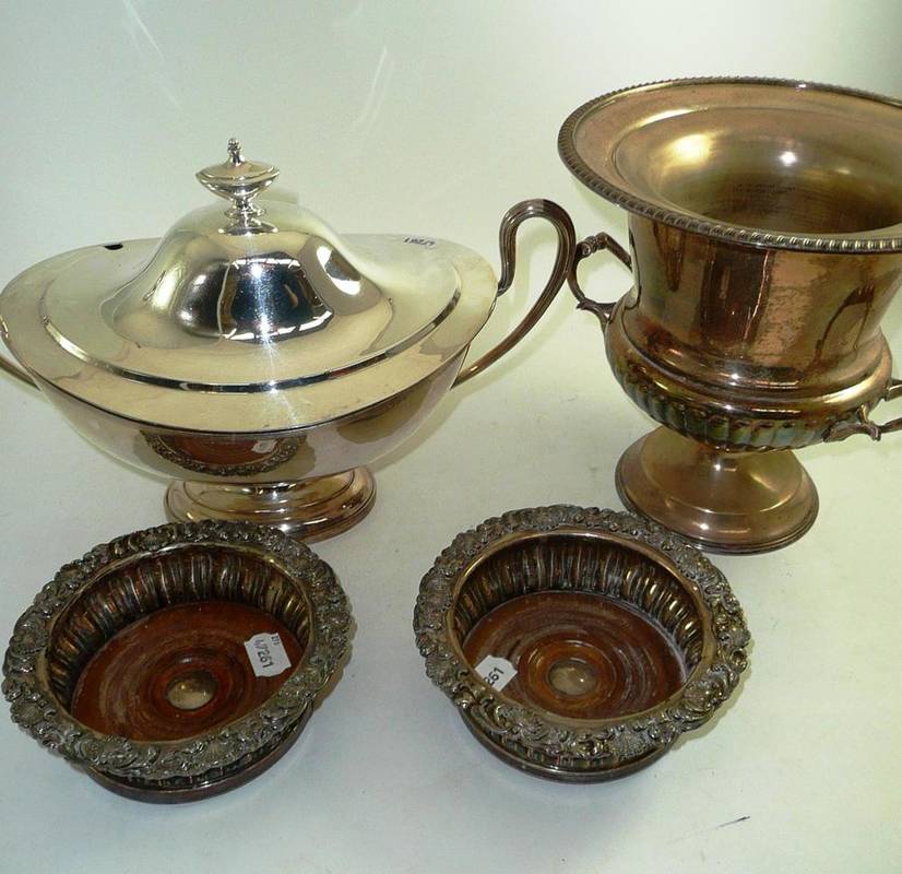 Lot 147 - A plated two handled soup tureen and cover, a pair of old Sheffield plate bottle coasters and a...