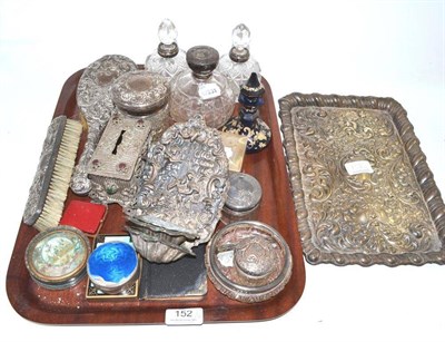 Lot 152 - A tray of ladies dressing table items including silver backed brushes, silver mounted glass...