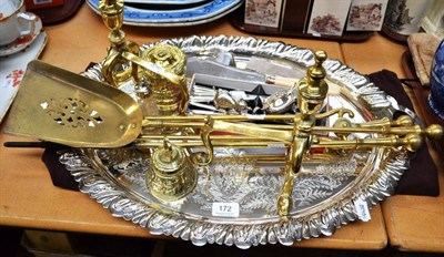 Lot 172 - A plated tray, fire irons and fire dogs etc