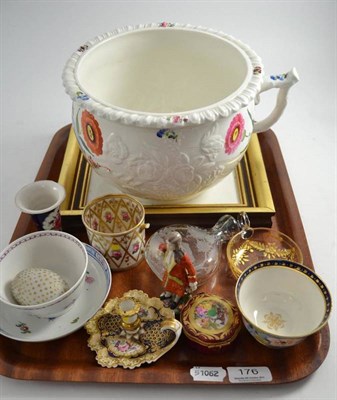 Lot 176 - Tray of decorated ceramics including a floral painted chamber pot, floral tile, chamberstick,...