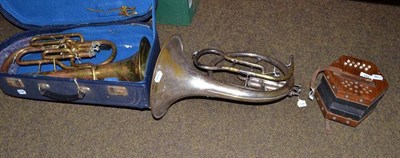 Lot 189 - Cased brass euphonium, a horn and a concertina