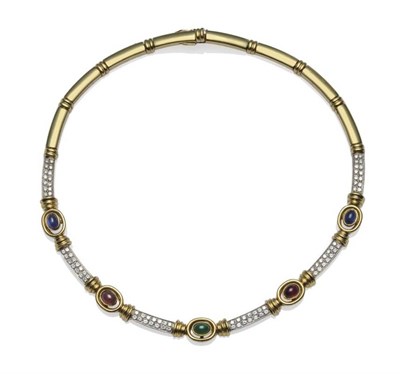 Lot 372 - A French Gold Collar, comprising cabochon sapphires, rubies and an emerald, in yellow collet...