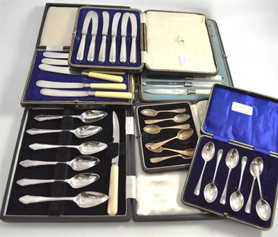 Lot 190 - Silver and plated flatware comprising cased fruit knife and fork set, cased grapefruit set, two...
