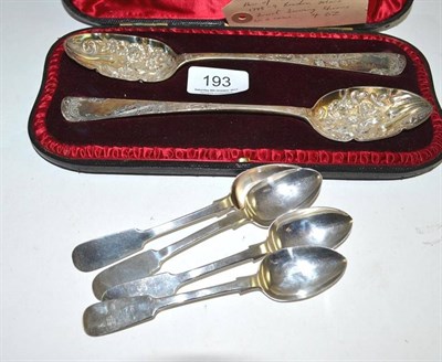 Lot 193 - Pair of Georgian silver spoons and a set of four silver teaspoons