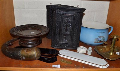 Lot 210 - Musical chamber pot 'Patent non splash thunder bowl', a carved musical stand, two carved cupboards