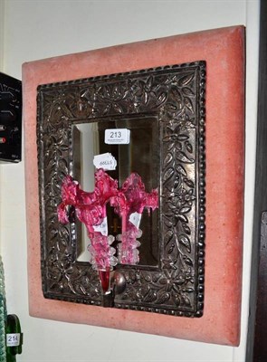 Lot 213 - Silver plate framed mirror with cranberry glass flower vase