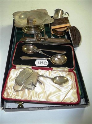 Lot 218 - Silver including teaspoons, dish, napkin ring, miniature tray and jug, brandy and whisky...