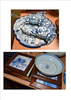 Lot 246 - A Continental Delft bowl, a pair of 'Delft' cornucopia vases, a similar plaque and four framed...