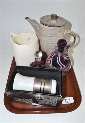 Lot 257 - A Keith Murray mug, a David Leach coffee pot (a.f.), two David Wallace scent bottles and a...