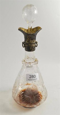 Lot 280 - A glass decanter decorated with flowers and peacocks and with a silver neck mount