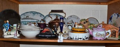 Lot 295 - A shelf of decorative ceramics including an Art Deco mirror, carnival glass etc