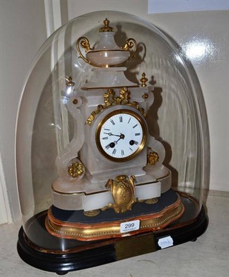 Lot 299 - White alabaster and gilt metal mounted mantel clock on stand on ebonised base, and glass dome