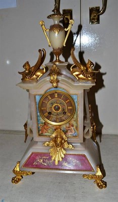 Lot 300 - White alabaster and gilt metal mounted mantel clock with painted decoration