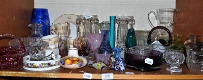 Lot 305 - Shelf of decorative ceramics and glass including a pair of lustres, Royal Worcester fruit...