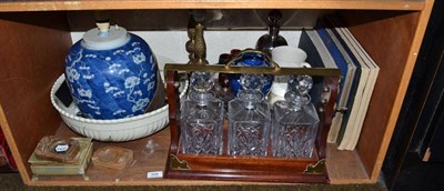 Lot 308 - A shelf of decorative items including two 'Mouseman' Thompson of Kilburn oak ashtrays, a modern...