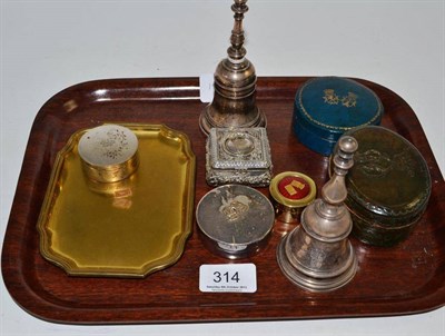 Lot 314 - Two Continental silver plated table bells, six various Italian boxes and a card tray