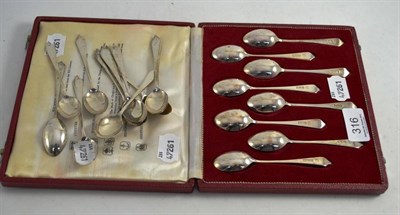 Lot 316 - A set of twelve silver teaspoons and a cased set of eight teaspoons with various hallmarks