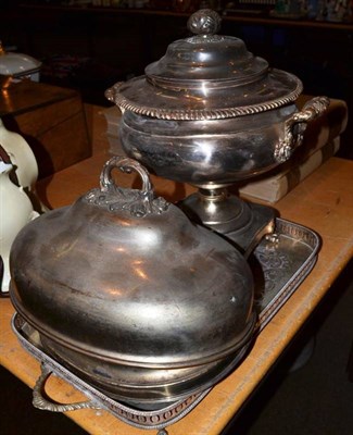 Lot 331 - Old Sheffield plate tea urn, Old Sheffield plate meat dish cover, plated meat cover and a...