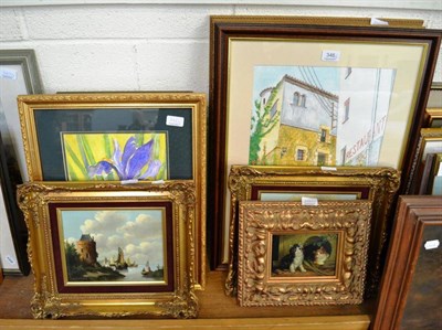 Lot 346 - Oil on canvas still life of flowers, a white opaque glass panel painted with flowers, a set of...