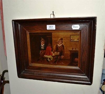 Lot 351 - Oil on panel, Primitive School, figures in an interior