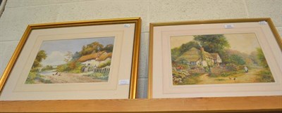 Lot 356 - Gilt framed watercolour depicting figures on a path by a thatched cottage, signed Arthur Mills...