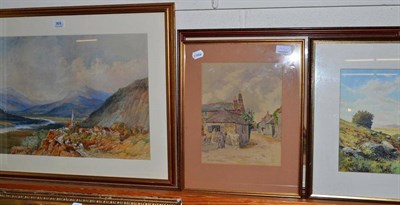 Lot 369 - A Swiss mountain scene by Emma Oliver, watercolour, a pair of watercolour pit village scenes by...