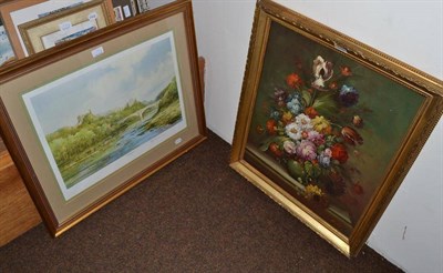 Lot 373 - A still life study of flowers oil on canvas and a signed print of Richmond Castle