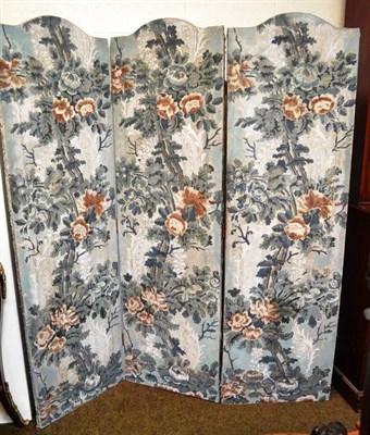 Lot 405 - An 18th century style French floral painted canvas three leaf screen