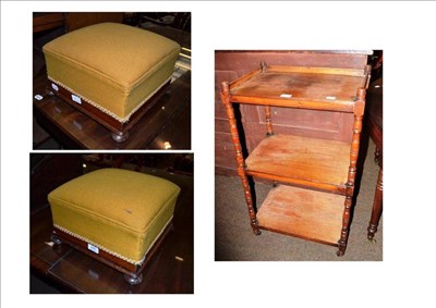 Lot 445 - Edwardian walnut three tier whatnot and a pair of Victorian footstools